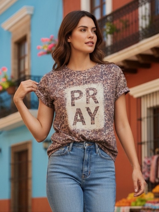 Daisy Rae Tops - Women's Daisy Rae Brown Leopard Print Pray Short Sleeve Tee M